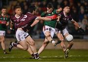 28 January 2023; James Carr of Mayo shoots to score his side's first goal, under pressure from Eoghan Kelly, 2 and Neil Mulcahy of Galway during the Allianz Football League Division 1 match between Mayo and Galway at Hastings Insurance MacHale Park in Castlebar, Mayo. Photo by Piaras Ó Mídheach/Sportsfile