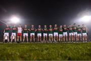 28 January 2023; Mayo players stand for Amhrán na bhFiann before the Allianz Football League Division 1 match between Mayo and Galway at Hastings Insurance MacHale Park in Castlebar, Mayo. Photo by Piaras Ó Mídheach/Sportsfile