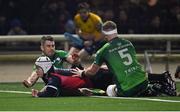 28 January 2023; Henco van Wyk of Emirates Lions scores his side's second try, despite the tackles of Connacht's Tiernan O'Halloran and Niall Murphy, 5, during the United Rugby Championship match between Connacht and Emirates Lions at The Sportsground in Galway. Photo by Seb Daly/Sportsfile