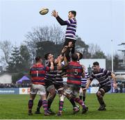 28 January 2023; Adam Melia of Terenure College takes the ball in the lineout against Clontarf during theEnergia All-Ireland League Division 1A match between Terenure College and Clontarf at Lakelands Park in Dublin. Photo by Matt Browne/Sportsfile