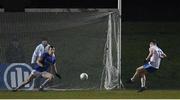 28 January 2023; Conor McCarthy of Monaghan scores his side's first goal, from a penalty, past Armagh goalkeeper Ethan Rafferty during the Allianz Football League Division 1 match between Monaghan and Armagh at St Mary's Park in Castleblayney, Monaghan. Photo by Ramsey Cardy/Sportsfile