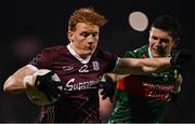 28 January 2023; Peter Cooke of Galway in action against Conor Loftus of Mayo during the Allianz Football League Division 1 match between Mayo and Galway at Hastings Insurance MacHale Park in Castlebar, Mayo. Photo by Piaras Ó Mídheach/Sportsfile