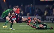 28 January 2023; Quan Horn of Emirates Lions is tackled by Cathal Forde, left, and Tom Farrell of Connacht during the United Rugby Championship match between Connacht and Emirates Lions at The Sportsground in Galway. Photo by Seb Daly/Sportsfile