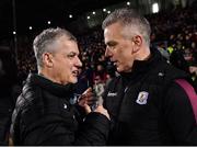 28 January 2023; Mayo manager Kevin McStay, left, and Galway manager Padraic Joyce after the drawn Allianz Football League Division 1 match between Mayo and Galway at Hastings Insurance MacHale Park in Castlebar, Mayo. Photo by Piaras Ó Mídheach/Sportsfile