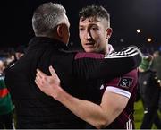 28 January 2023; Johnny Heaney of Galway with his manager Padraic Joyce after the drawn Allianz Football League Division 1 match between Mayo and Galway at Hastings Insurance MacHale Park in Castlebar, Mayo. Photo by Piaras Ó Mídheach/Sportsfile