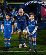 28 January 2023; Match day mascots Darragh McConnell and Lara Kilcline with Leinster captain Rhys Ruddock before the United Rugby Championship match between Leinster and Cardiff at RDS Arena in Dublin. Photo by Harry Murphy/Sportsfile