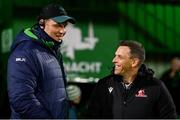 28 January 2023; Connacht forwards coach Dewald Senekal, left, and Emirates Lions head coach Ivan van Rooyen before the United Rugby Championship match between Connacht and Emirates Lions at The Sportsground in Galway. Photo by Seb Daly/Sportsfile