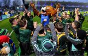28 January 2023; Leo the Lion with the Boyne RFC minis team before the Bank of Ireland Half-Time Minis at the United Rugby Championship match between Leinster and Cardiff at RDS Arena in Dublin. Photo by Brendan Moran/Sportsfile