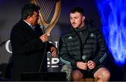 28 January 2023; Leinster's Will Connors is interviewed by MC Des Cahill after the United Rugby Championship match between Leinster and Cardiff at RDS Arena in Dublin. Photo by Brendan Moran/Sportsfile