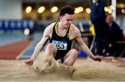 29 January 2023; Harvey King of Carmen Runners, Tyrone, competing in the Men's Senior Long Jump during the 123.ie AAI Indoor Games at the TUS International arena in Athlone, Westmeath. Photo by Ben McShane/Sportsfile