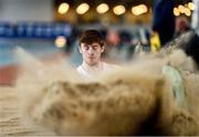 29 January 2023; Eoghan Mc Grath of Celbridge AC, Kildare, competing in the Men's Senior Long Jump during the 123.ie AAI Indoor Games at the TUS International arena in Athlone, Westmeath. Photo by Ben McShane/Sportsfile