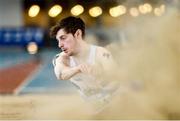 29 January 2023; Eoghan Mc Grath of Celbridge AC, Kildare, competing in the Men's Senior Long Jump during the 123.ie AAI Indoor Games at the TUS International arena in Athlone, Westmeath. Photo by Ben McShane/Sportsfile