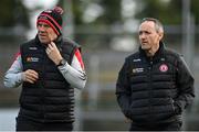29 January 2023; Tyrone joint managers Feargal Logan, left, and Brian Dooher before the Allianz Football League Division 1 match between Roscommon and Tyrone at Dr Hyde Park in Roscommon. Photo by Seb Daly/Sportsfile