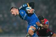 28 January 2023; Max Deegan of Leinster is tackled by Rey Lee-Lo of Cardiff during the United Rugby Championship match between Leinster and Cardiff at RDS Arena in Dublin. Photo by Brendan Moran/Sportsfile