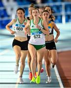 29 January 2023; Niamh Kearney of Raheny Shamrock AC, Dublin, leads the field in the Women's Senior 1500m during the 123.ie AAI Indoor Games at the TUS International arena in Athlone, Westmeath. Photo by Ben McShane/Sportsfile