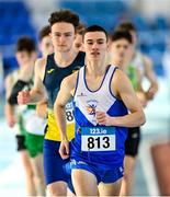 29 January 2023; Marcus Clarke of Ratoath AC, Dublin, 813, leads the field in the Men's Senior 1500m during the 123.ie AAI Indoor Games at the TUS International arena in Athlone, Westmeath. Photo by Ben McShane/Sportsfile