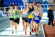 29 January 2023; Marcus Clarke of Ratoath AC, Dublin, 813, leads the field in the Men's Senior 1500m during the 123.ie AAI Indoor Games at the TUS International arena in Athlone, Westmeath. Photo by Ben McShane/Sportsfile