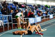 29 January 2023; Kelly Neely of City of Lisburn AC, Antrim, after competing in the Women's Senior 1500m during the 123.ie AAI Indoor Games at the TUS International arena in Athlone, Westmeath. Photo by Ben McShane/Sportsfile