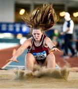 29 January 2023; Sophie Byrne of Crookstown Millview AC, Kildare, competing in the Women's Senior Long Jump during the 123.ie AAI Indoor Games at the TUS International arena in Athlone, Westmeath. Photo by Ben McShane/Sportsfile
