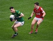 29 January 2023; Jordan Morris of Meath in action against Kevin O'Donovan of Cork during the Allianz Football League Division 2 match between Cork and Meath at Páirc Ui Chaoimh in Cork. Photo by Piaras Ó Mídheach/Sportsfile