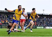 29 January 2023; Donie Smith of Roscommon, left, celebrates his side's third goal, scored by teammate Ben O’Carroll, right, during the Allianz Football League Division 1 match between Roscommon and Tyrone at Dr Hyde Park in Roscommon. Photo by Seb Daly/Sportsfile
