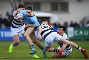 29 January 2023; David Lucey of St Michael's College is tackled by Patrick O’ Grady of Belvedere College during the Bank of Ireland Leinster Rugby Schools Senior Cup First Round match between St Michael’s College and Belvedere College at Energia Park in Dublin. Photo by Harry Murphy/Sportsfile
