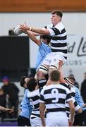 29 January 2023; Alan Spicer of Belvedere College takes possession in a lineout against David Walsh of St Michael's College during the Bank of Ireland Leinster Rugby Schools Senior Cup First Round match between St Michael’s College and Belvedere College at Energia Park in Dublin. Photo by Harry Murphy/Sportsfile