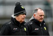 29 January 2023; Donegal manager Paddy Carr, left, and head coach Aidan O'Rourke during the Allianz Football League Division 1 match between Donegal and Kerry at MacCumhaill Park in Ballybofey, Donegal. Photo by Ramsey Cardy/Sportsfile