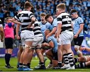 29 January 2023; Tom Stewart of St Michael's College celebrates after scoring his side's second try with teammates during the Bank of Ireland Leinster Rugby Schools Senior Cup First Round match between St Michael’s College and Belvedere College at Energia Park in Dublin. Photo by Harry Murphy/Sportsfile