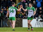 29 January 2023; Caolan McColgan, right, and Patrick McBrearty of Donegal celebrate at the final whistle of the Allianz Football League Division 1 match between Donegal and Kerry at MacCumhaill Park in Ballybofey, Donegal. Photo by Ramsey Cardy/Sportsfile