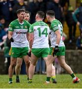 29 January 2023; Donegal players, from left, Daire Ó Baoill, Patrick McBrearty and Caolan McColgan celebrate at the final whistle of the Allianz Football League Division 1 match between Donegal and Kerry at MacCumhaill Park in Ballybofey, Donegal. Photo by Ramsey Cardy/Sportsfile