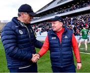 29 January 2023; Meath manager Colm O'Rourke, left, and Cork manager John Cleary shake hands after the Allianz Football League Division 2 match between Cork and Meath at Páirc Ui Chaoimh in Cork. Photo by Piaras Ó Mídheach/Sportsfile