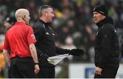 29 January 2023; Kerry manager Jack O'Connor, right, speaks to referee Liam Devenney at half-time of the Allianz Football League Division 1 match between Donegal and Kerry at MacCumhaill Park in Ballybofey, Donegal. Photo by Ramsey Cardy/Sportsfile