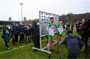 29 January 2023; Donegal captain Patrick McBrearty, left, and player of the match Caolan McColgan of Donegal are interviewed by TG4 presenter Micheál Ó Domhnaill during the Allianz Football League Division 1 match between Donegal and Kerry at MacCumhaill Park in Ballybofey, Donegal. Photo by Ramsey Cardy/Sportsfile