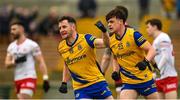 29 January 2023; Ciaráin Murtagh of Roscommon, left, celebrates his side's second goal, scored by teammate Diarmuid Murtagh, during the Allianz Football League Division 1 match between Roscommon and Tyrone at Dr Hyde Park in Roscommon. Photo by Seb Daly/Sportsfile