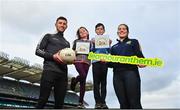 30 January 2023; Roscommon footballer Ciaran Murtagh and Meath ladies footballer Shauna Ennis with Lara Earley, age 8, from Raheny and Jacob Lewis, age 9, from Dundrum at the launch of the 'Abair Linn Learn our anthem' childrens book at Croke Park in Dublin. Photo by David Fitzgerald/Sportsfile