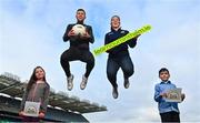 30 January 2023; Roscommon footballer Ciaran Murtagh and Meath ladies footballer Shauna Ennis with Lara Earley, age 8, from Raheny and Jacob Lewis, age 9, from Dundrum at the launch of the 'Abair Linn Learn our anthem' childrens book at Croke Park in Dublin. Photo by David Fitzgerald/Sportsfile