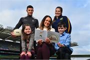 30 January 2023; Author Rachel Cooper, centre, with Roscommon footballer Ciaran Murtagh and Meath ladies footballer Shauna Ennis and Lara Earley, age 8, from Raheny and Jacob Lewis, age 9, from Dundrum at the launch of the 'Abair Linn Learn our anthem' childrens book at Croke Park in Dublin. Photo by David Fitzgerald/Sportsfile