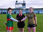 28 January 2023;  Referee Siobhán Coyle with team captains Kathryn Sullivan of Mayo and Síofra O'Shea of Kerry before the 2023 Lidl Ladies National Football League Division 1 Round 2 match between Mayo and Kerry at the NUI Galway Connacht GAA Centre of Excellence in Bekan, Mayo. Photo by Piaras Ó Mídheach/Sportsfile