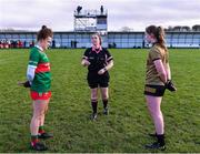 28 January 2023;  Referee Siobhán Coyle with team captains Kathryn Sullivan of Mayo and Síofra O'Shea of Kerry during the coin toss before the 2023 Lidl Ladies National Football League Division 1 Round 2 match between Mayo and Kerry at the NUI Galway Connacht GAA Centre of Excellence in Bekan, Mayo. Photo by Piaras Ó Mídheach/Sportsfile