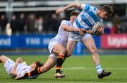 30 January 2023; James O'Sullivan of Blackrock College is tackled by Finn Treacy of Presentation College Bray during the Bank of Ireland Leinster Rugby Schools Senior Cup First Round match between Blackrock College and Presentation College Bray at Energia Park in Dublin. Photo by Ramsey Cardy/Sportsfile