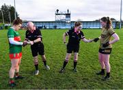 28 January 2023; Referee Siobhán Coyle and linesman Gus Chapman with team captains Kathryn Sullivan of Mayo and Síofra O'Shea of Kerry during the coin toss before the 2023 Lidl Ladies National Football League Division 1 Round 2 match between Mayo and Kerry at the NUI Galway Connacht GAA Centre of Excellence in Bekan, Mayo. Photo by Piaras Ó Mídheach/Sportsfile