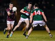 28 January 2023; John Daly of Galway in action against Bob Tuohy and James Carr, 14, of Mayo during the Allianz Football League Division 1 match between Mayo and Galway at Hastings Insurance MacHale Park in Castlebar, Mayo. Photo by Piaras Ó Mídheach/Sportsfile