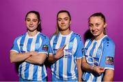 30 January 2023; Players, from left, Isobel Finnegan, Sarah McKevitt and Nicole Keogh pose for a portrait during a DLR Waves squad portrait session at Beckett Park in Cherrywood, Dublin. Photo by Stephen McCarthy/Sportsfile