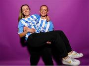 30 January 2023; Sarah McKevitt, left, and Katie Malone pose for a portrait during a DLR Waves squad portrait session at Beckett Park in Cherrywood, Dublin. Photo by Stephen McCarthy/Sportsfile