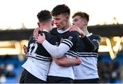31 January 2023; Paddy Taylor of Newbridge College, 12, celebrates with teammates after scoring a try for their side during the Bank of Ireland Leinster Rugby Schools Senior Cup First Round match between Newbridge College and Kilkenny College at Energia Park in Dublin. Photo by Ben McShane/Sportsfile