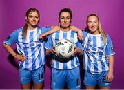 30 January 2023; Players, from left, Amber Cosgrove, Catherine Cronin and Michelle Doonan pose for a portrait during a DLR Waves squad portrait session at Beckett Park in Cherrywood, Dublin. Photo by Stephen McCarthy/Sportsfile