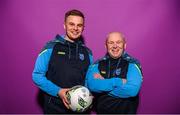 30 January 2023; Manager Graham Kelly, right, and U19 coach and first team assistant coach Ryan Hannon pose for a portrait during a DLR Waves squad portrait session at Beckett Park in Cherrywood, Dublin. Photo by Stephen McCarthy/Sportsfile