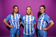 30 January 2023; Players, from left, Amber Cosgrove, Michelle Doonan and Catherine Cronin pose for a portrait during a DLR Waves squad portrait session at Beckett Park in Cherrywood, Dublin. Photo by Stephen McCarthy/Sportsfile