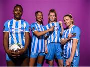 30 January 2023; Players, from left, Vanessa Ogbonna, Neema Nyangasi, Robyn Bolger and Freya Roche pose for a portrait during a DLR Waves squad portrait session at Beckett Park in Cherrywood, Dublin. Photo by Stephen McCarthy/Sportsfile